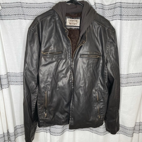 Levi’s Brown Vegan Leather Faux Fur Lined Bomber Jacket Hooded Zip Coat - Picture 7 of 16